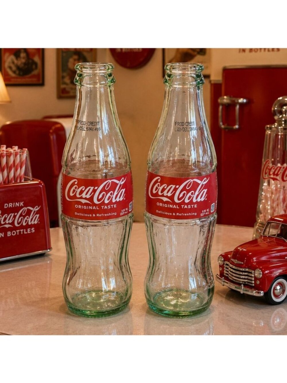 Two Empty Coca-Cola Glass Bottles 8 Fl Oz Collectible Retro Kitchen Decor